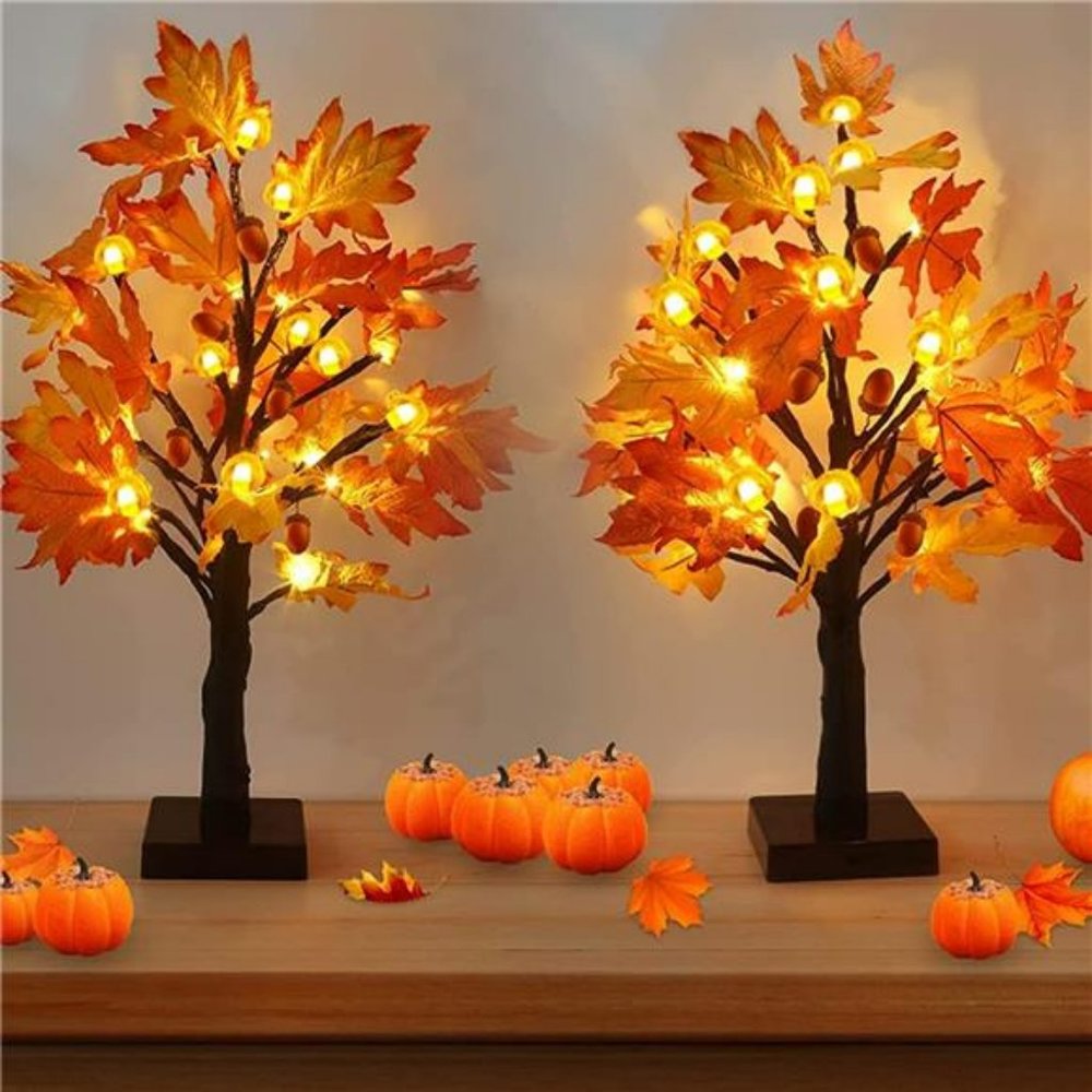 2 Pack Fall Maple Tree with 48 LEDs Artificial Pumpkins Maple Acorn Tree